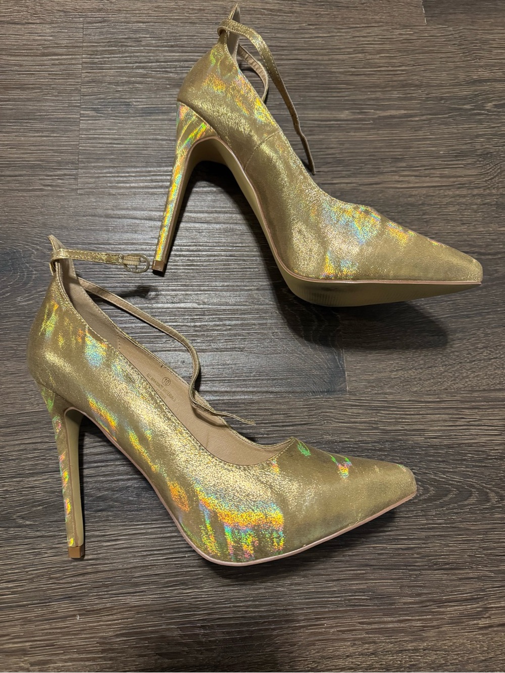 Holographic Gold Pointed-Toe Ankle-Strap Stilettos - Picture 2 of 7